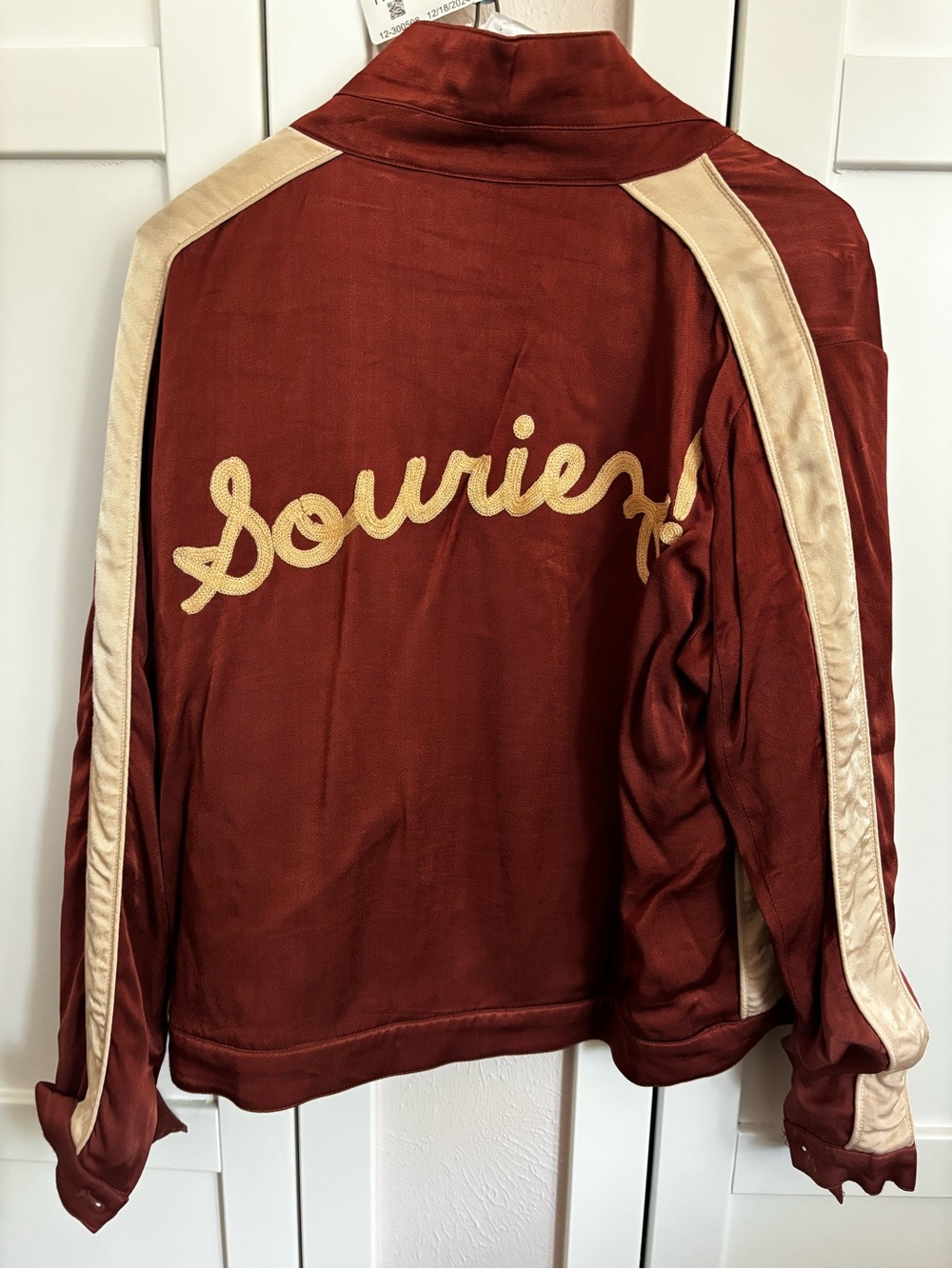 Capulet Maroon Varsity Jacket with Cream Trim and 'Souriez' Embroidery
